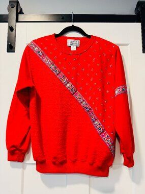 Vintage Blast Blues Ribbon & Floral Embellished Red Sweatshirt